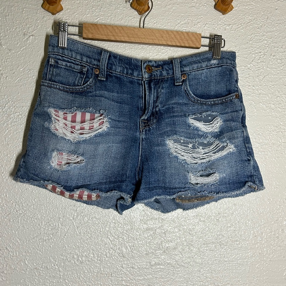 Lucky Brand Blue Distressed Denim Shorts with Red-White Patch